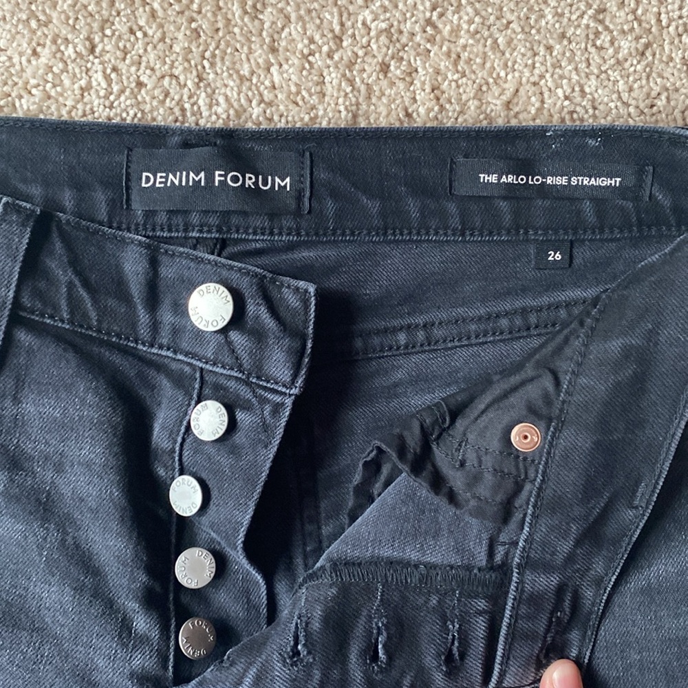 Denim Forum Mid rise, button fly jeans.